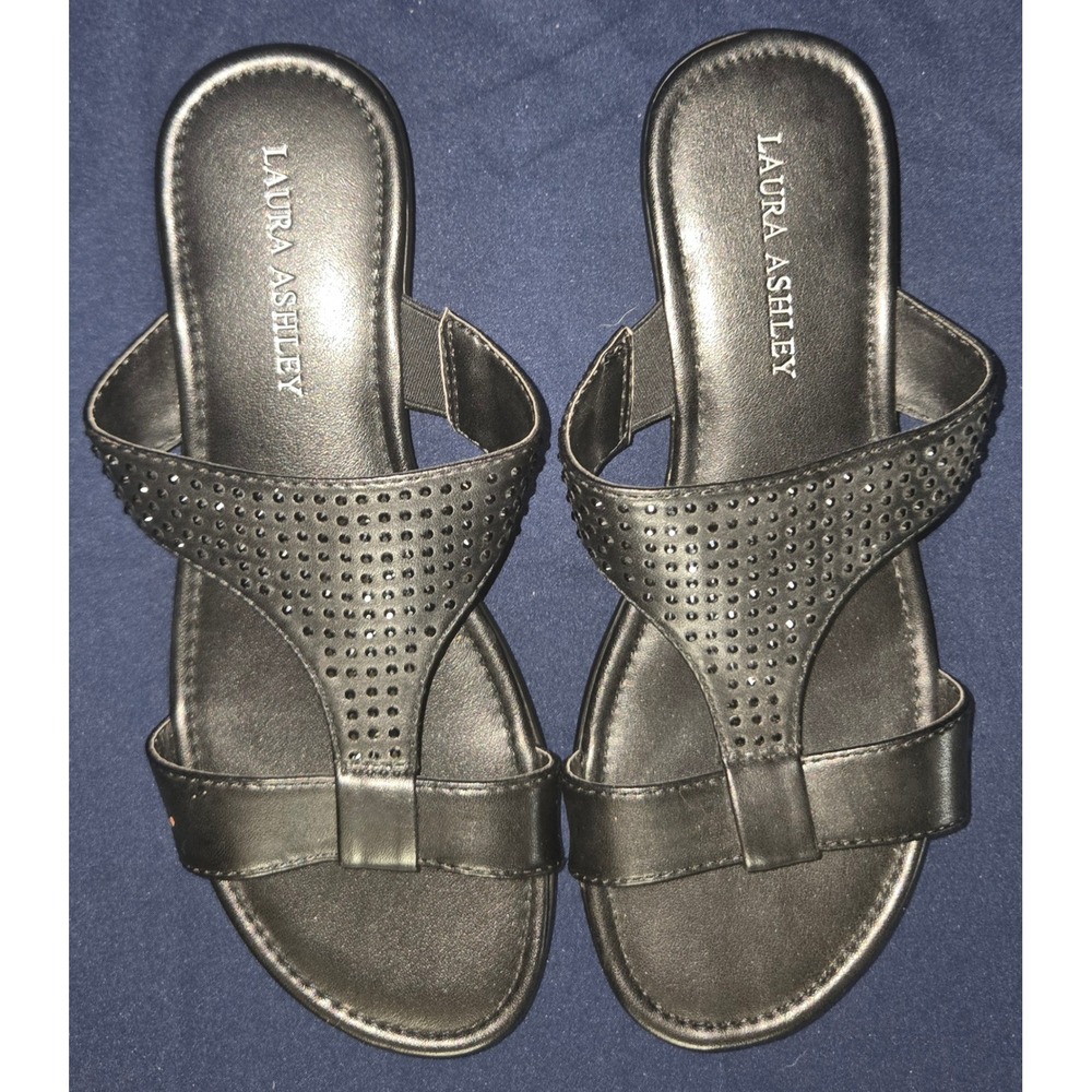 Laura Ashley Black Rhinestone Perforated T-Strap Slide Sandals Womens Flat Shoes